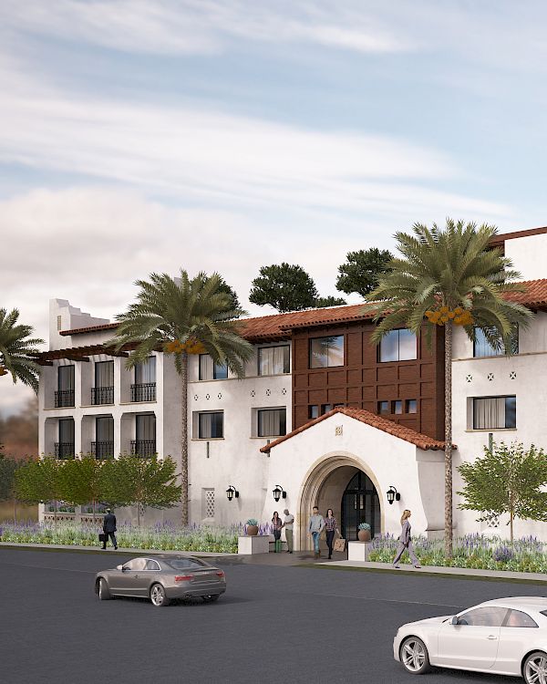 The image shows a Mediterranean-style building with palm trees, balconies, and large windows, located on a street with parked cars and pedestrians.