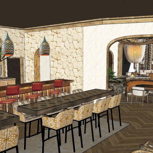 The image shows an artist's rendering of a stylish bar and lounge area with seating, a bar counter, and contemporary decor elements.