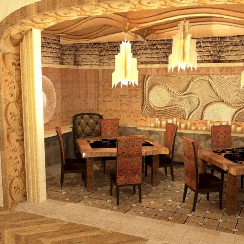 A rustic dining room with a wooden table, upholstered chairs, hanging lights, and a decorative wall panel. The room has a warm, earthy aesthetic.