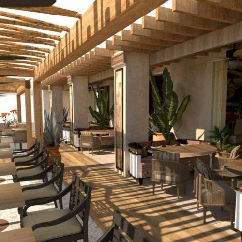 Outdoor terrace of a stylish cafe with wooden accents, tables, chairs, ceiling fans, and potted plants, providing a relaxed and inviting atmosphere.