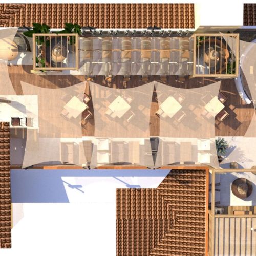 The image is an aerial view of a designed outdoor space featuring seating areas, shaded zones, and wooden structures.