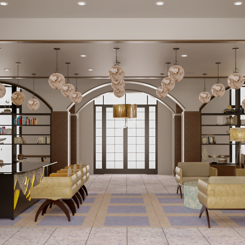 The image depicts a stylish, modern lounge area with seating, hanging lights, shelves, and a decorative painting on the wall.