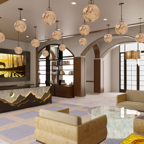 A spacious, modern lobby with elegant lighting, artwork, comfortable seating, a reception desk, and bookshelves, creating a welcoming atmosphere for visitors.