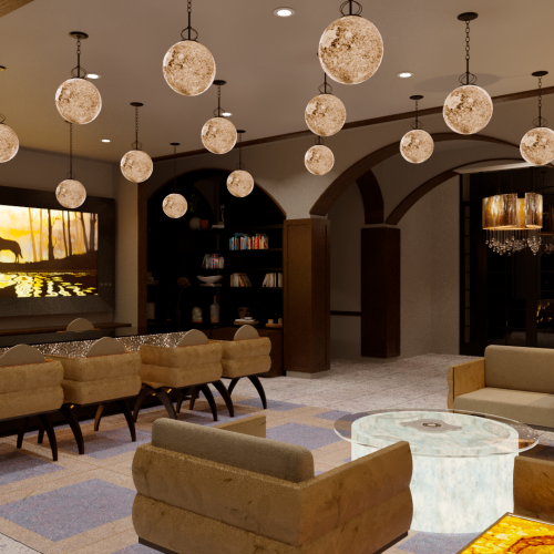 This image depicts a modern, stylish lounge area with pendant lights, comfortable seating, a large screen, and a warm, inviting ambiance ending the sentence.