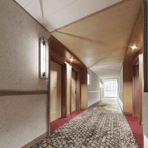 The image shows a hallway with patterned carpeting, wall-mounted light fixtures, and multiple wooden doors on either side leading to rooms.