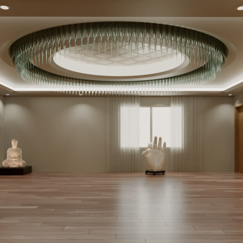 The image shows a serene room with two large landscape paintings, a Buddha statue, a sculpture of a hand, and modern decor.