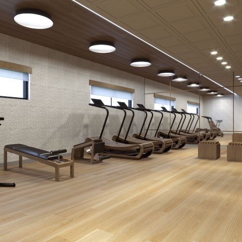 The image shows a modern gym with exercise bikes, treadmills, wooden benches, boxes, and weights, all in a spacious, well-lit environment.