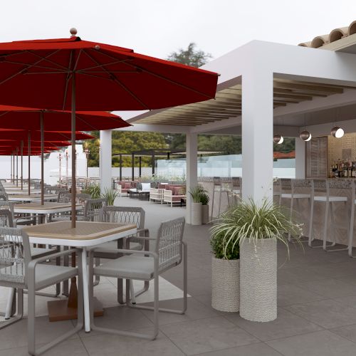 The image shows a modern outdoor dining area with red umbrellas, grey chairs, a bar counter, and potted plants, creating a cozy and inviting atmosphere.