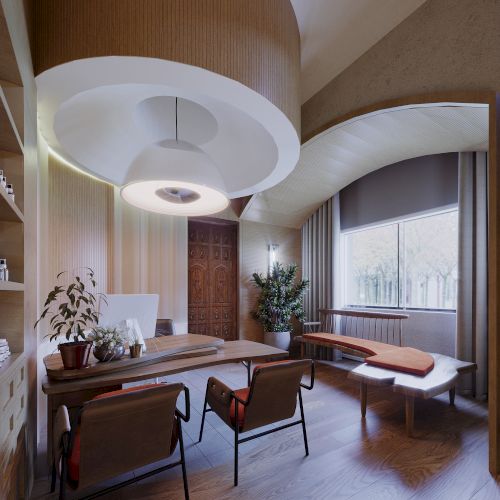 A modern office with a wooden desk, two chairs, a round ceiling fixture, large window, potted plant, and stylish curved walls and furniture accents.