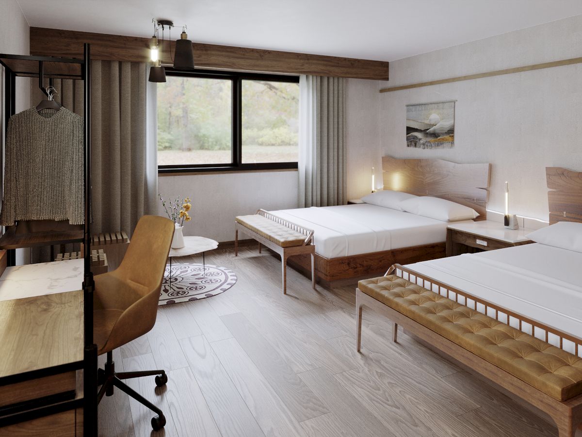 The image shows a modern hotel room with two beds, wooden furniture, a desk with a chair, a window, and wall art. The decor is minimalist and cozy.