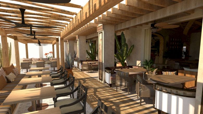 An outdoor dining area with wooden tables, chairs, ceiling fans, potted plants, and a pergola roof casting shadows on the floor.